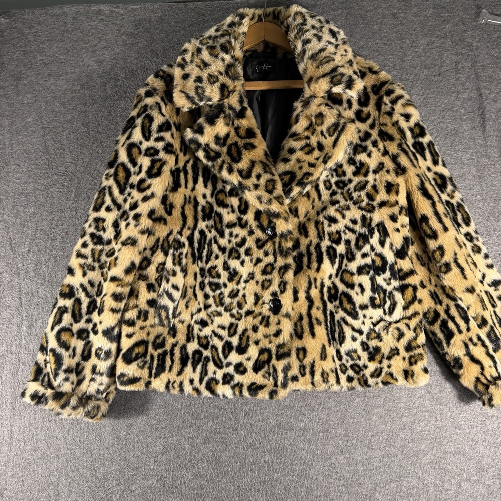Jessica Simpson Faux Fur Leopard Print Coat Jacket Glam Y2K Mob Women's Sz Large
